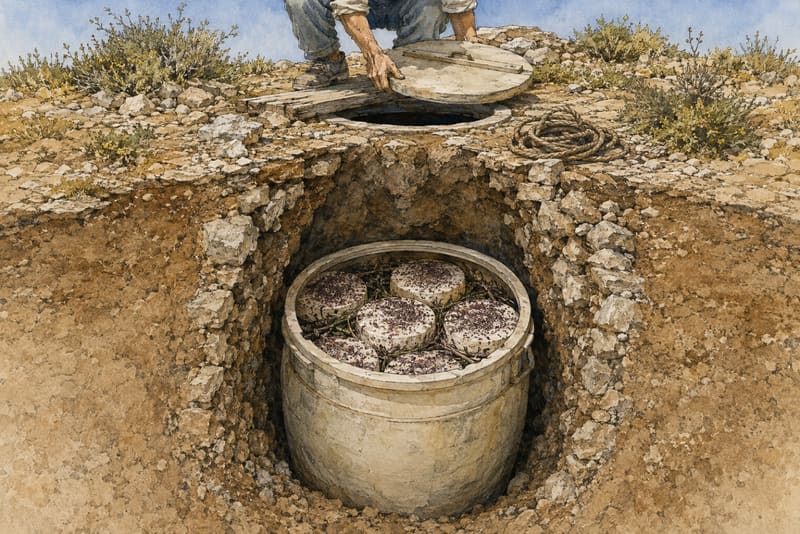 A cutaway view of wheels of cheese in a lidded container lowered into a stone-lined pit in the dry Serifos landscape.